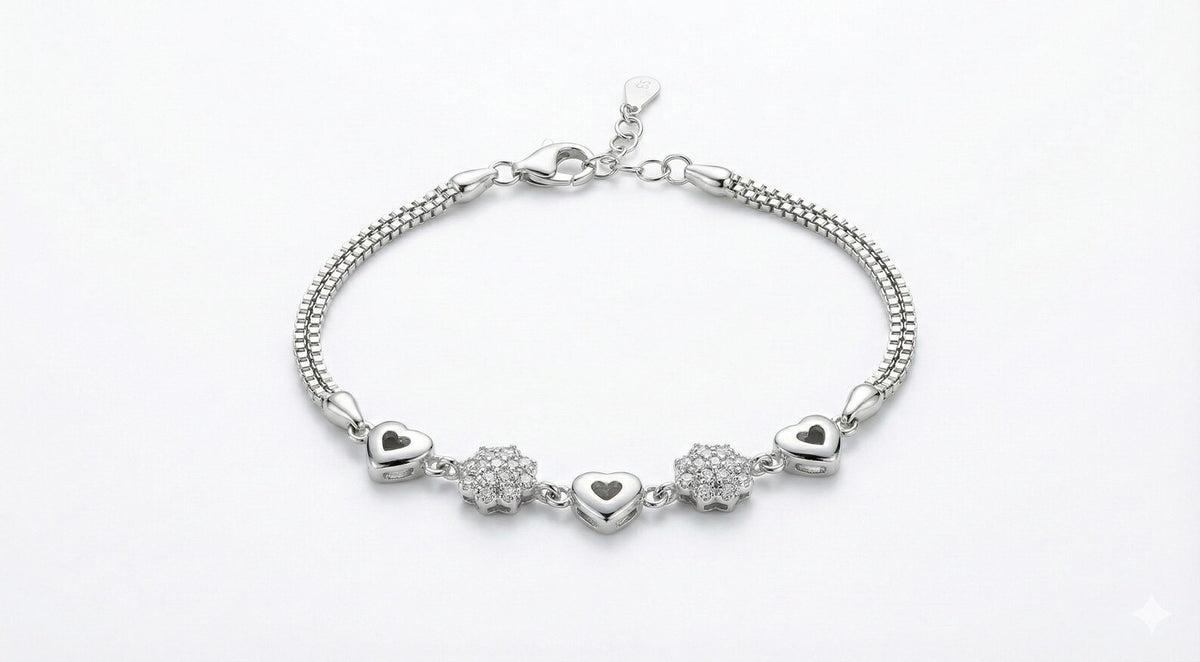 Silvara BR3 Sterling Silver Heart Floral CZ Bracelet | Double Chain Designer Jewelry