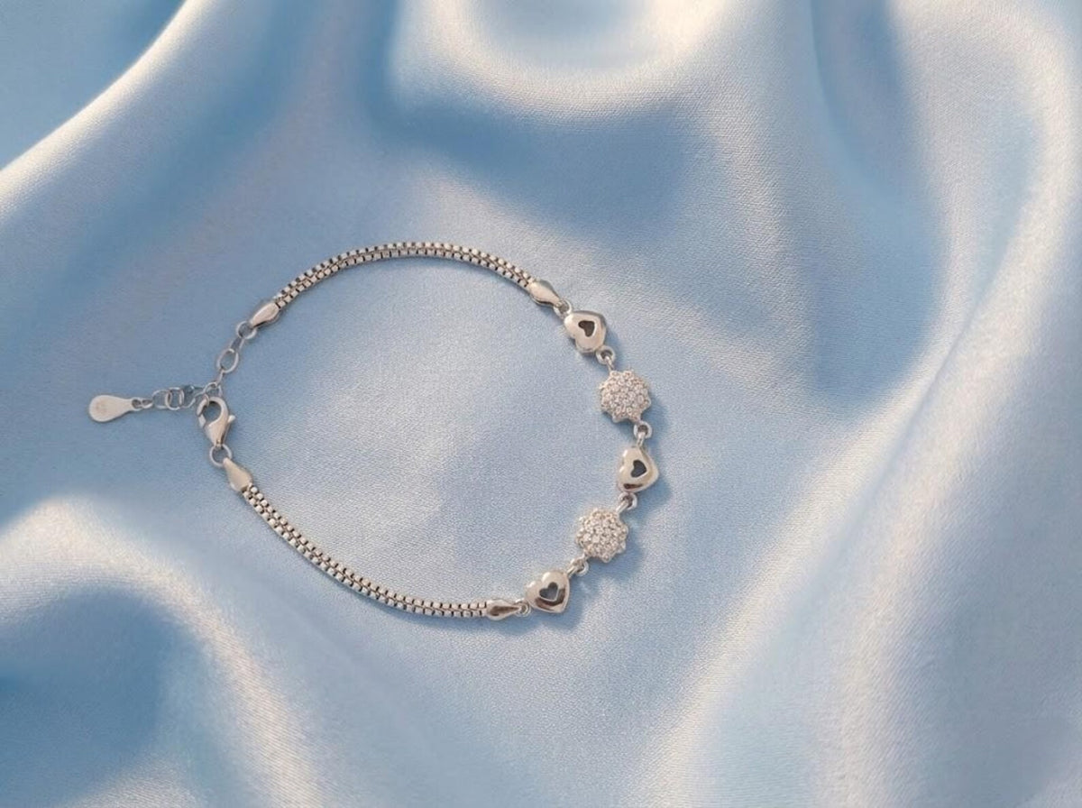 Silvara BR3 Sterling Silver Heart Floral CZ Bracelet | Double Chain Designer Jewelry