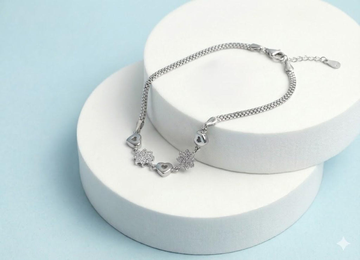 Silvara BR3 Sterling Silver Heart Floral CZ Bracelet | Double Chain Designer Jewelry