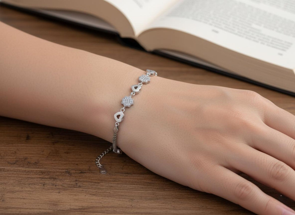 Silvara BR3 Sterling Silver Heart Floral CZ Bracelet | Double Chain Designer Jewelry