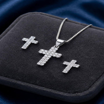 Silvara Cross Pendant & Chain With Matching Ear Studs For Women And Girl